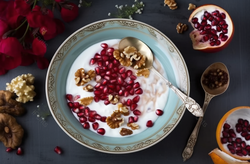 健俯拍康早餐牛奶酸奶石榴核桃鲜花,高清,摄影图,摄影图片,图片大全,摄影图免费下载